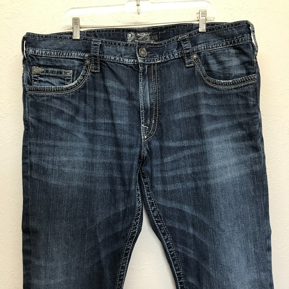 Silver Jeans Mens 42x32 (42x29) Zac Relaxed Straight Leg Stretch Blue Dark Denim - Picture 2 of 16
